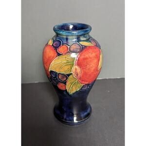 Moorcroft Vintage Pomegranate/Grapes Cobalt Vase Made in England 4"